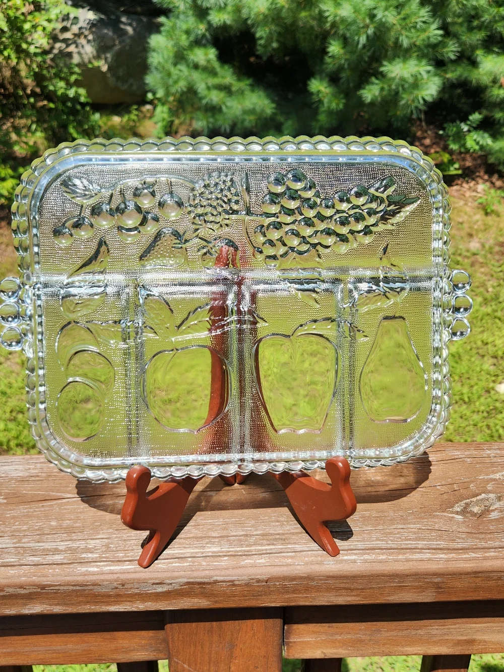 Indiana Glass Clear Pressed Glass Divided Serving Tray With Fruit Design